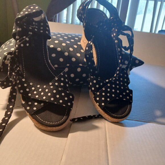 Polka Dot Wedges Black and White Polka Dot Ankle Straps - Picture 1 of 6